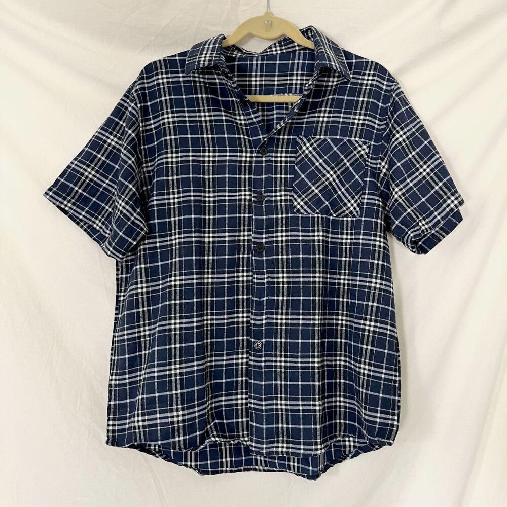 dark blue and white plaid short-sleeve button-up shirt single chest pocket L